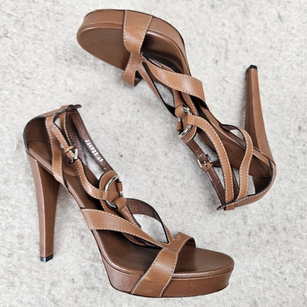 Gucci Silver Horsebit Leather Platform 5 inch Heels Tan Size 41 - Picture 3 of 10